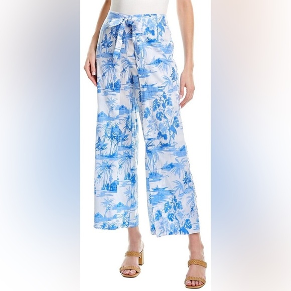J. McLaughlin Eugene Pant in Blue Villa Palm with Overlapping Front Wrap Panels